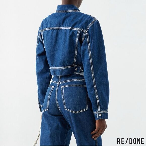 RE/ DONE **NWT** Cropped Chunky Stitch 'Trucker' Indigo Denim Jacket - Picture 6 of 16